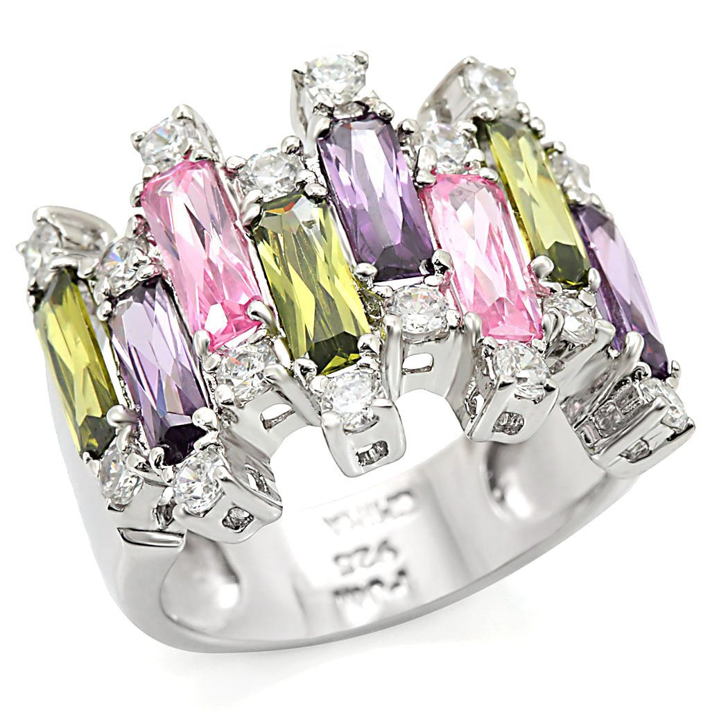 JCES334 Rhodium 925 Sterling Silver Ring with AAA Grade CZ  in Multi Color